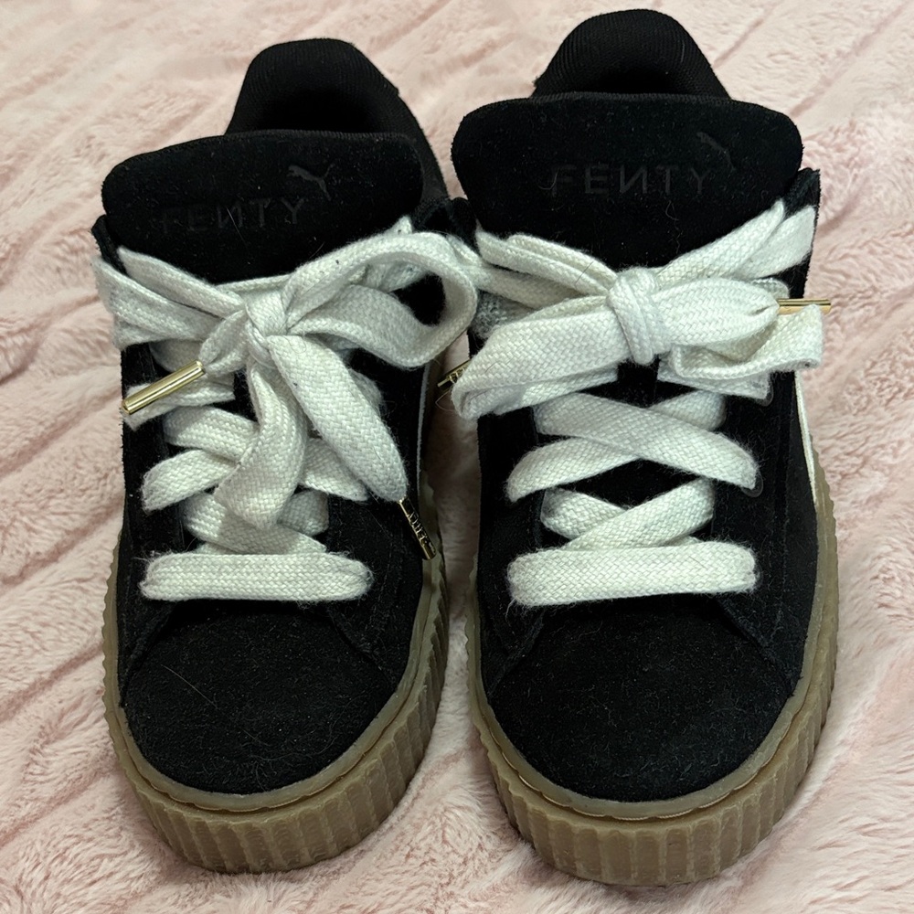 Fenty Beauty Black Suede Platform Sneakers with White Laces and Gum Sole